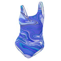 Women’s ocean blue one-piece swimsuit with blue fluid art design and circular The Naughty Angler™ logo, front view