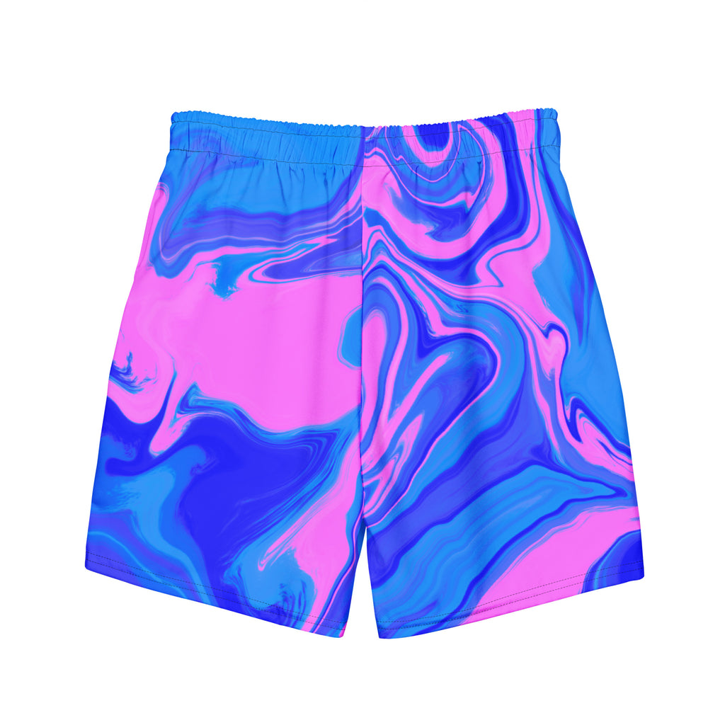 Back view of men’s ocean pink print recycled swim trunks with pink and blue fluid art design, no logo