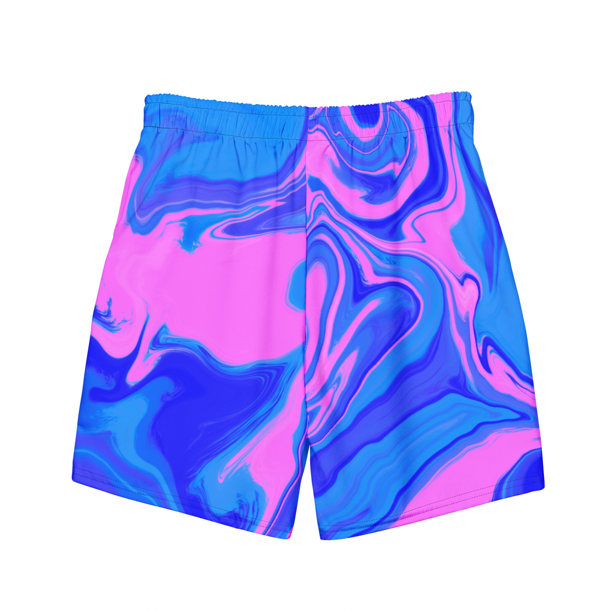 Back view of men’s ocean pink print recycled swim trunks with pink and blue fluid art design, no logo