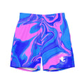 Men’s ocean pink print recycled swim trunks with pink and blue fluid art design and The Naughty Angler™ logo, front view