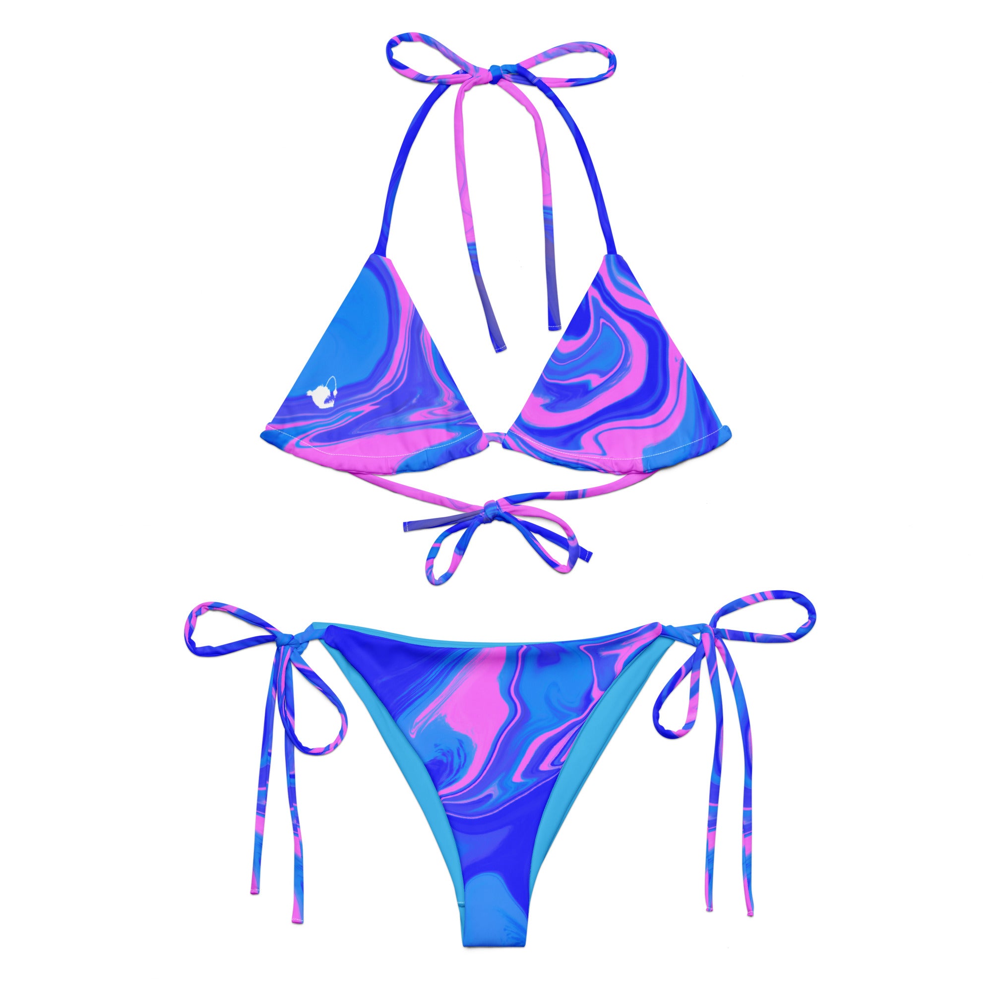 Women’s ocean pink print recycled string bikini top with pink and blue fluid art design and white silhouette on the front left side by The Naughty Angler™