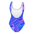 Back view of women’s ocean pink one-piece swimsuit featuring pink and blue fluid art design, no logo
