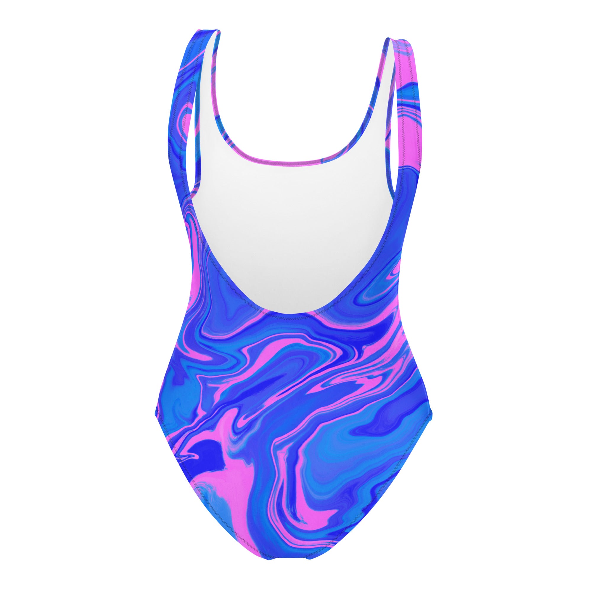 Back view of women’s ocean pink one-piece swimsuit featuring pink and blue fluid art design, no logo