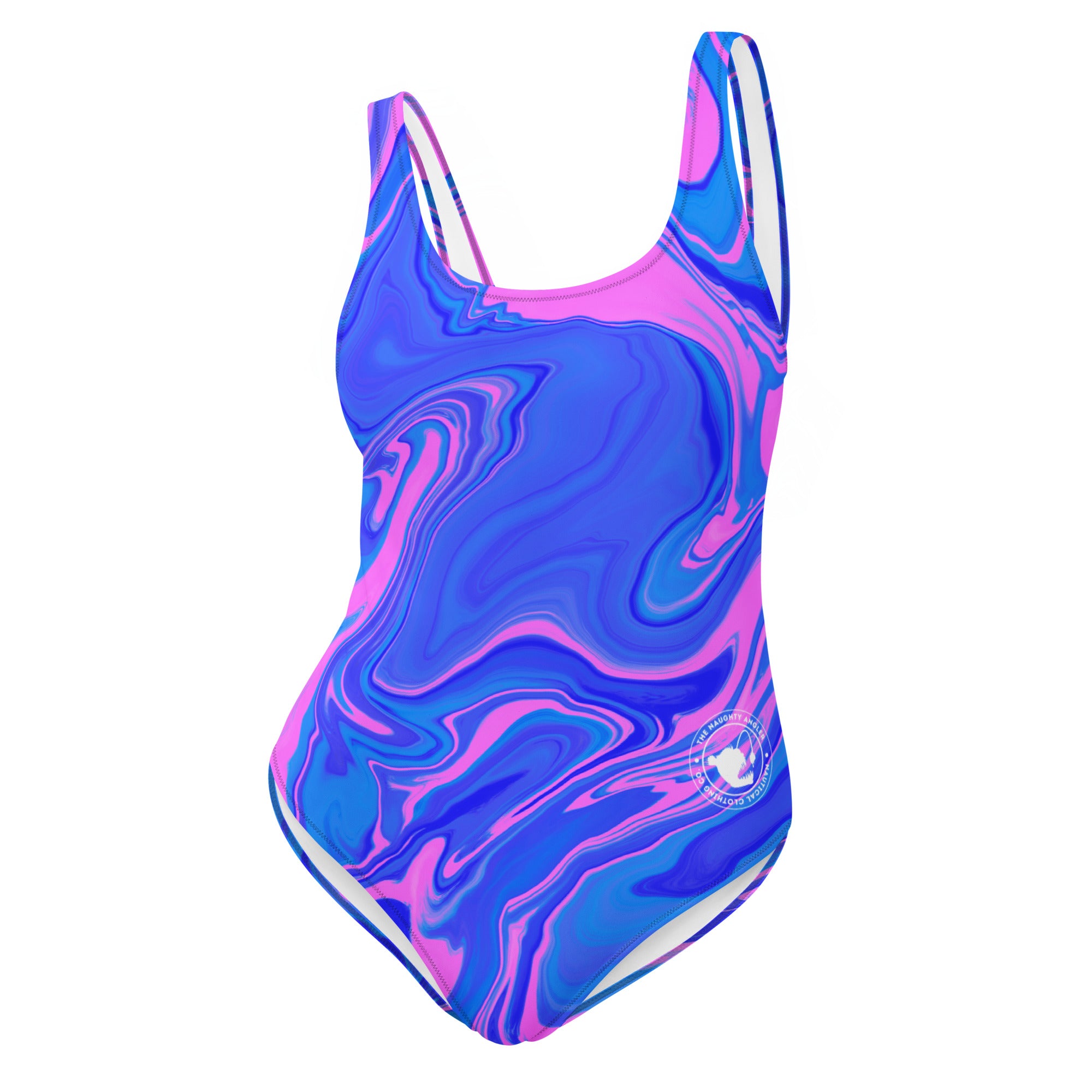 Women’s ocean pink one-piece swimsuit with pink and blue fluid art design and white The Naughty Angler™ logo, front view