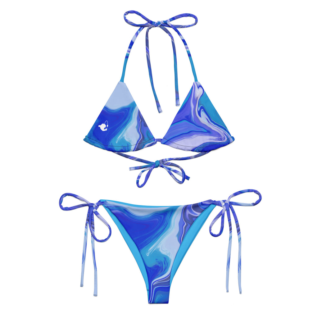 Women’s ocean print recycled string bikini top with fluid art design and white silhouette on the front left side by The Naughty Angler™