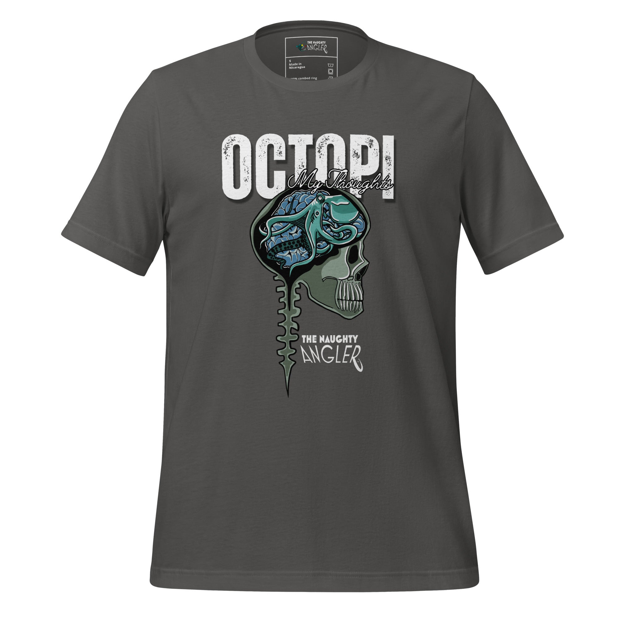 Unisex asphalt T-shirt with front artwork featuring a human skull with exposed brain and an octopus inside and the saying “Octopi My Thoughts” by The Naughty Angler™