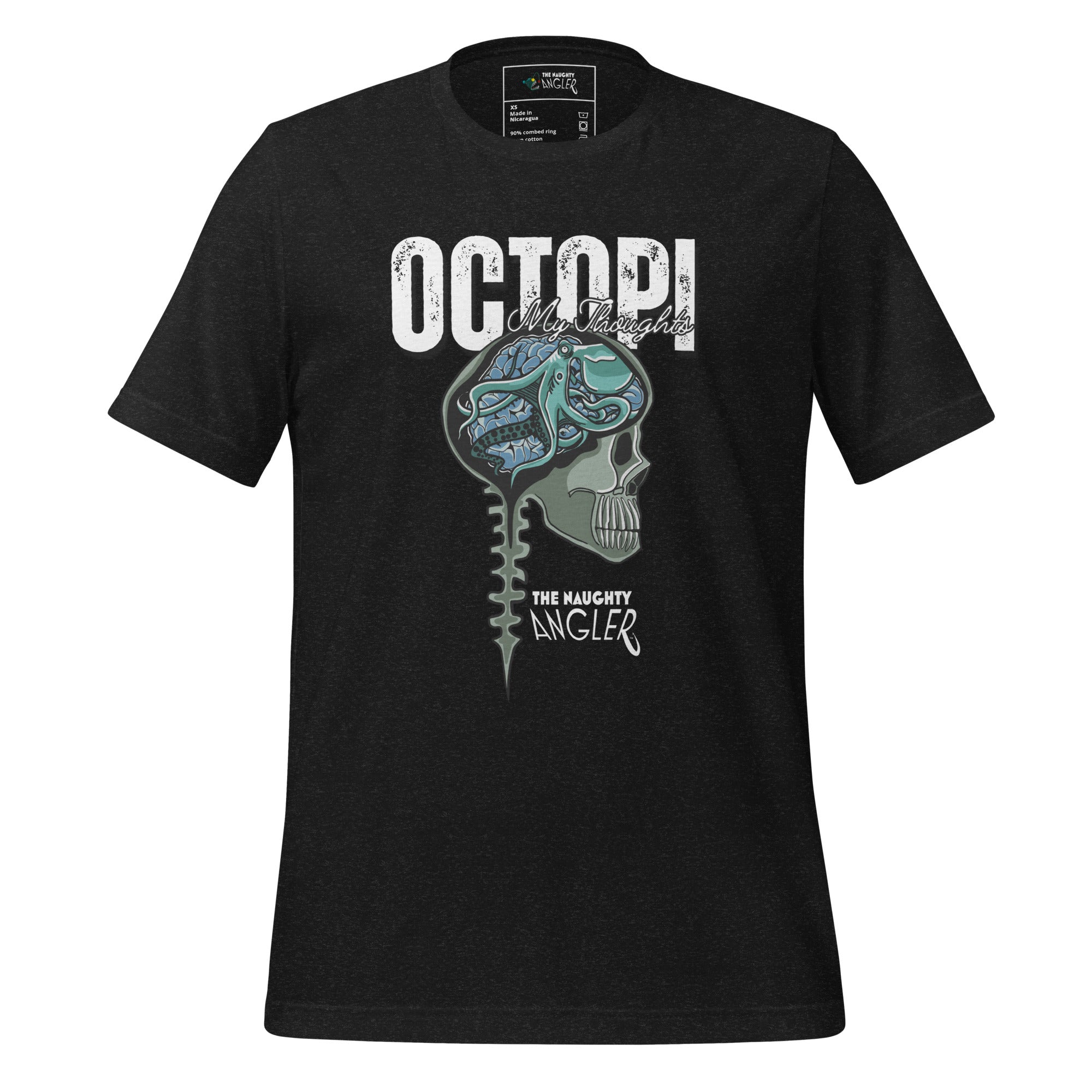 Unisex black heather T-shirt with front artwork featuring a human skull with exposed brain and an octopus inside and the saying “Octopi My Thoughts” by The Naughty Angler™