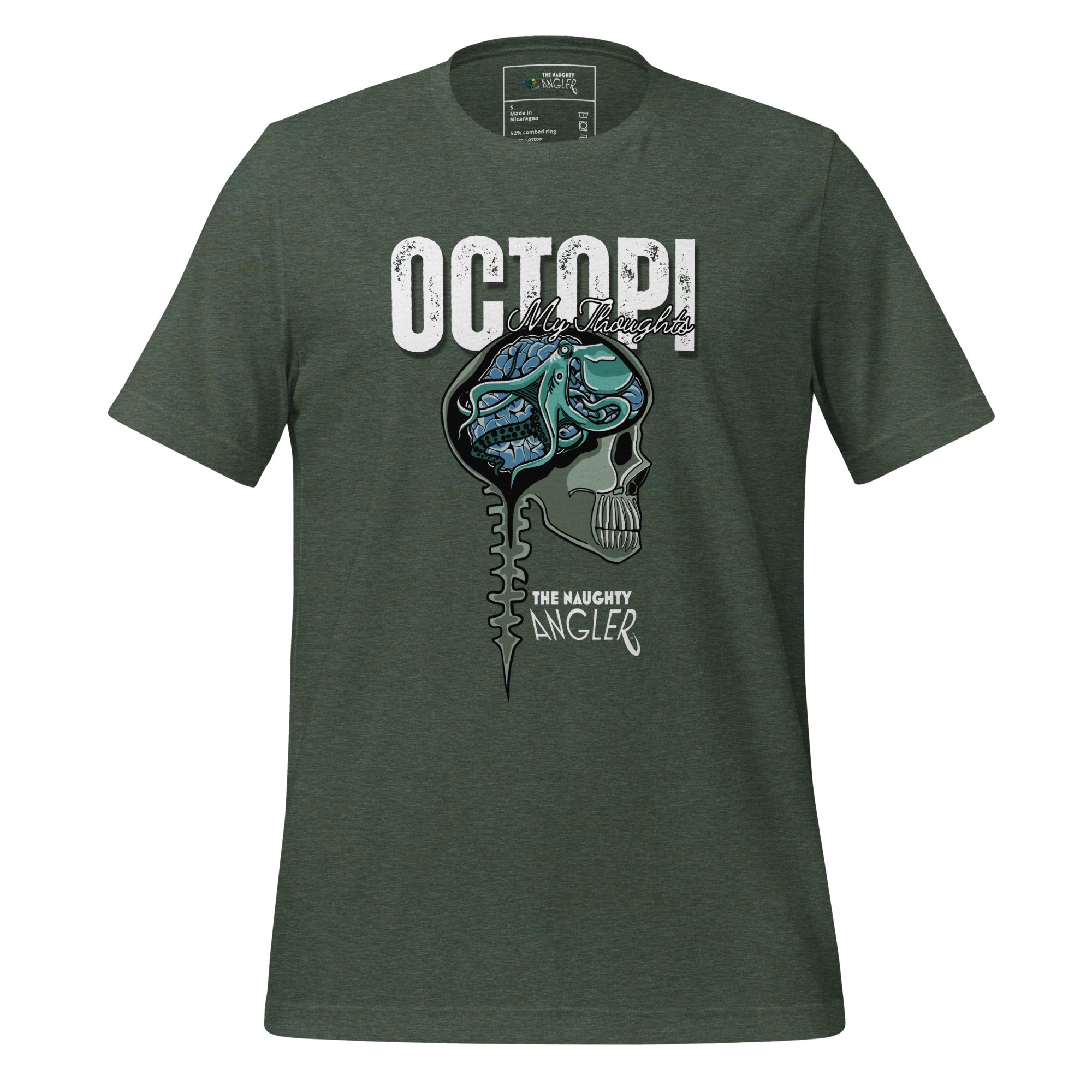Unisex heather forest T-shirt with front artwork featuring a human skull with exposed brain and an octopus inside and the saying “Octopi My Thoughts” by The Naughty Angler™