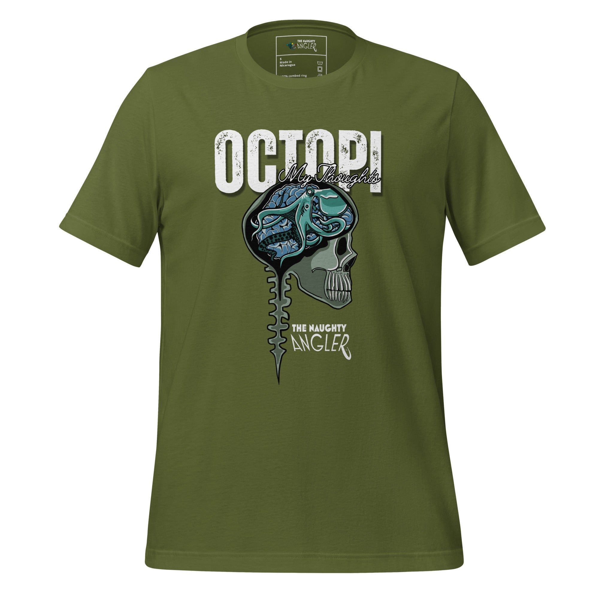 Unisex olive T-shirt with front artwork featuring a human skull with exposed brain and an octopus inside and the saying “Octopi My Thoughts” by The Naughty Angler™