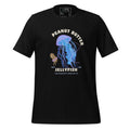 Unisex black T-shirt with front illustration of a jellyfish holding a peanut and the saying “Peanut Butter Jellyfish” by The Naughty Angler™