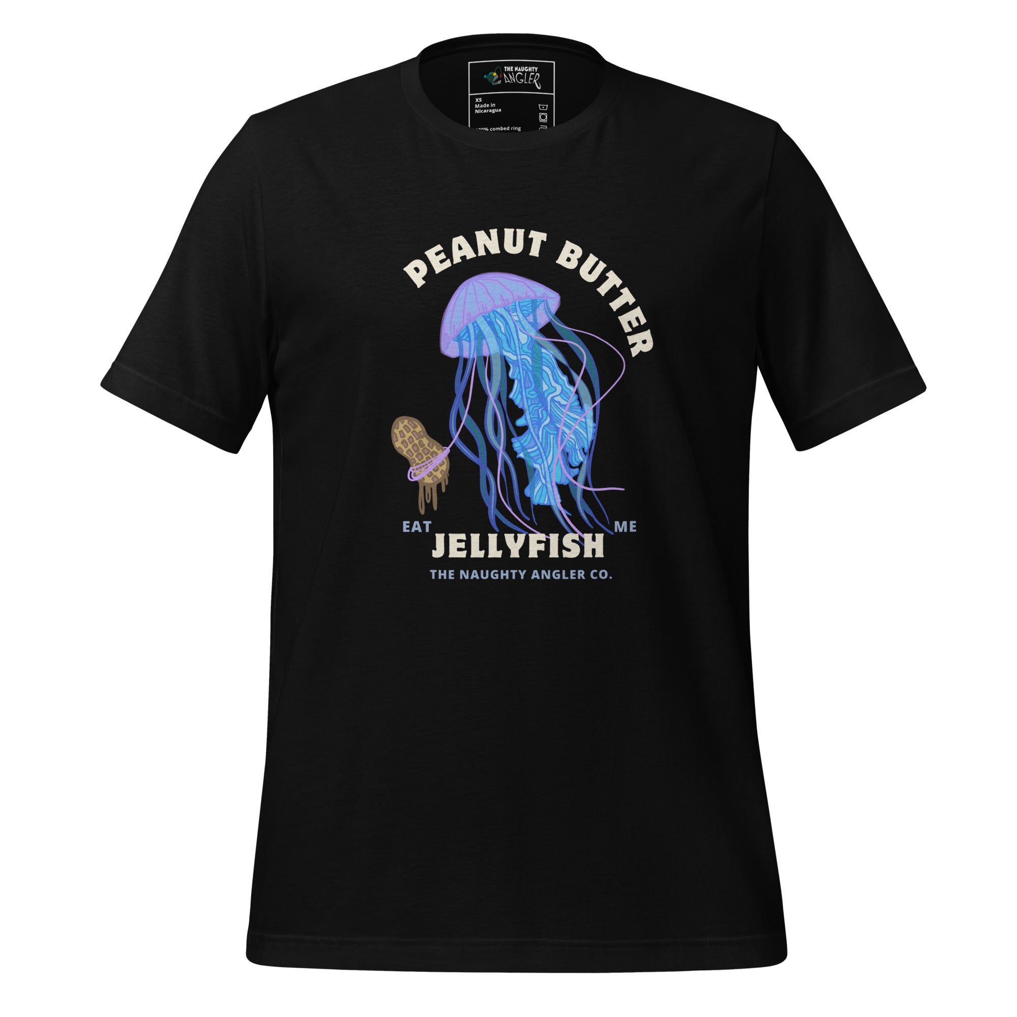 Unisex black T-shirt with front illustration of a jellyfish holding a peanut and the saying “Peanut Butter Jellyfish” by The Naughty Angler™