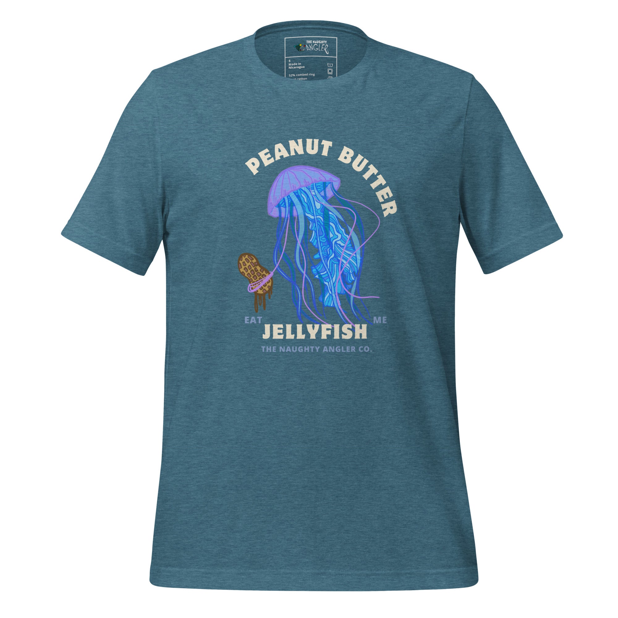 Unisex heather deep teal T-shirt with front illustration of a jellyfish holding a peanut and the saying “Peanut Butter Jellyfish” by The Naughty Angler™