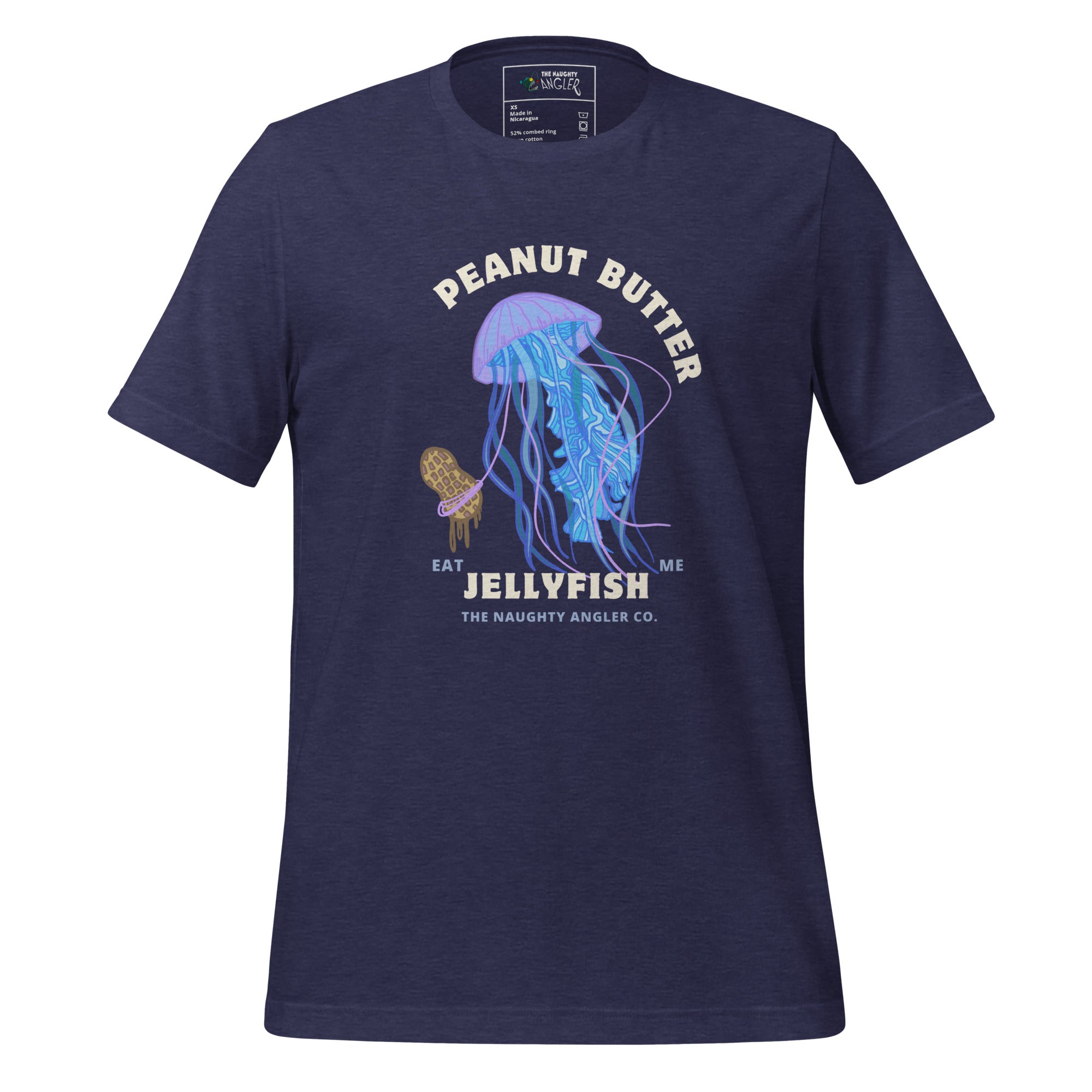 Unisex heather midnight navy T-shirt with front illustration of a jellyfish holding a peanut and the saying “Peanut Butter Jellyfish” by The Naughty Angler™