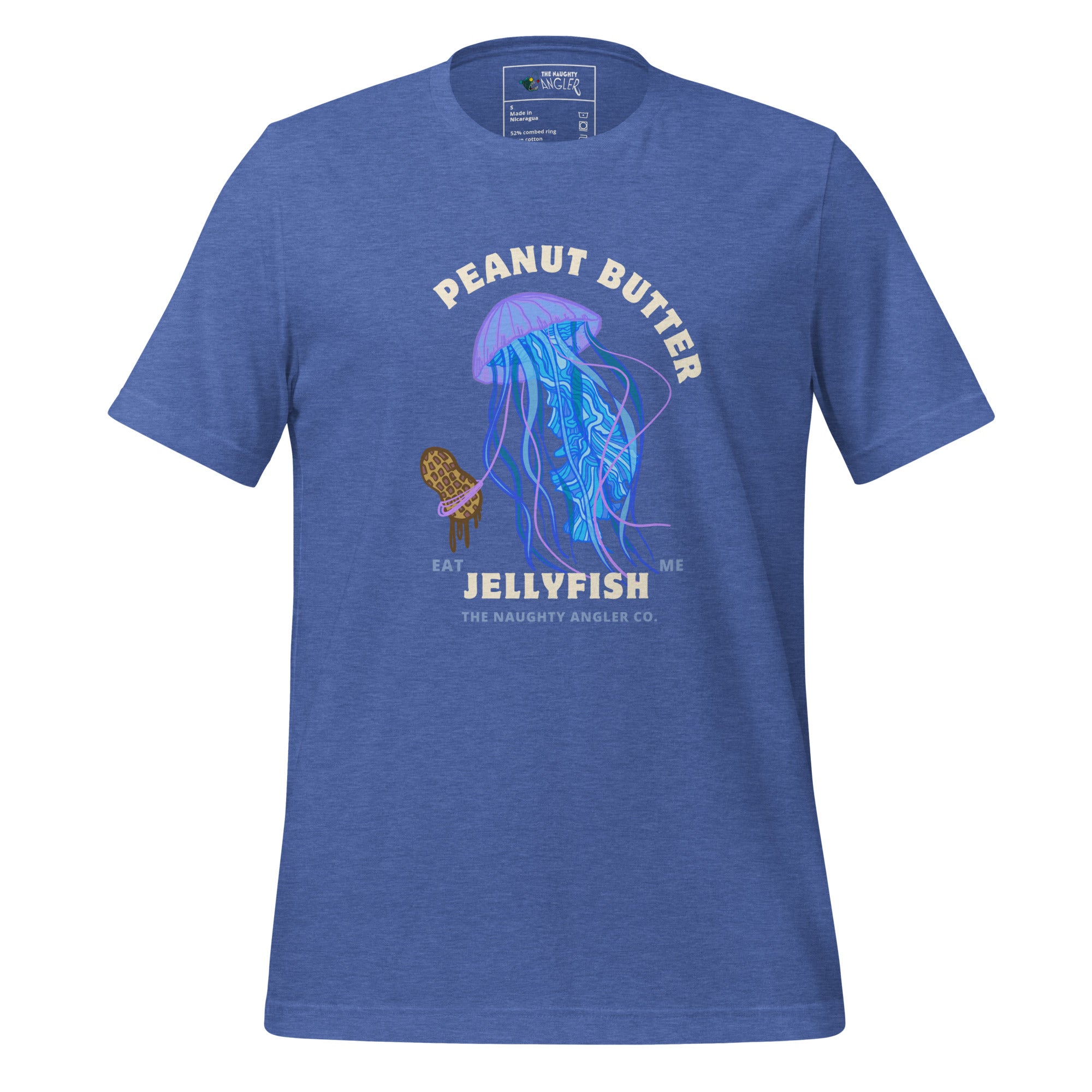 Unisex heather true royal T-shirt with front illustration of a jellyfish holding a peanut and the saying “Peanut Butter Jellyfish” by The Naughty Angler™