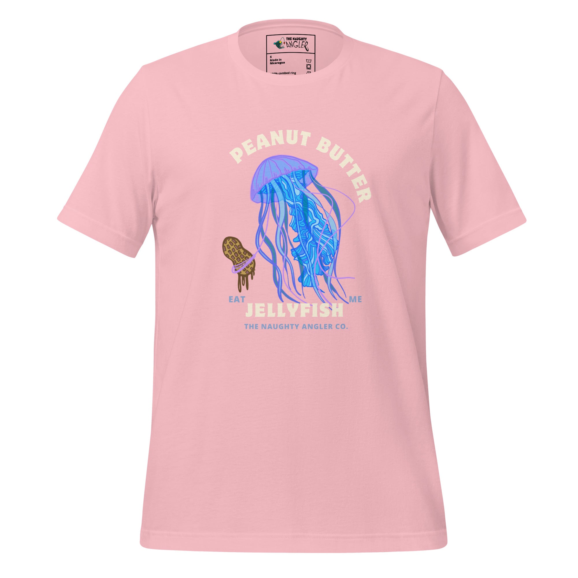 Unisex pink T-shirt with front illustration of a jellyfish holding a peanut and the saying “Peanut Butter Jellyfish” by The Naughty Angler™