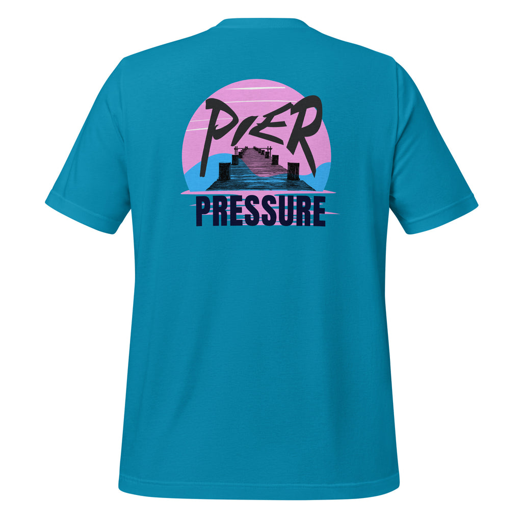 Back view of unisex aqua T-shirt with blue and pink background scene featuring a dock silhouette in the center and the saying “Pier Pressure” by The Naughty Angler™