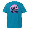 Back view of unisex aqua T-shirt with blue and pink background scene featuring a dock silhouette in the center and the saying “Pier Pressure” by The Naughty Angler™