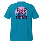 Back view of unisex aqua T-shirt with blue and pink background scene featuring a dock silhouette in the center and the saying “Pier Pressure” by The Naughty Angler™