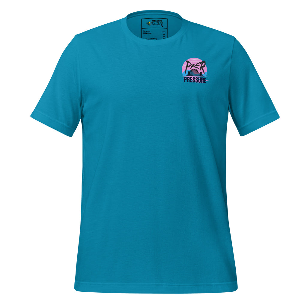 Front view of unisex aqua T-shirt with small chest-right design featuring a blue and pink background scene with a dock silhouette and the saying “Pier Pressure” by The Naughty Angler™