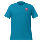 Front view of unisex aqua T-shirt with small chest-right design featuring a blue and pink background scene with a dock silhouette and the saying “Pier Pressure” by The Naughty Angler™