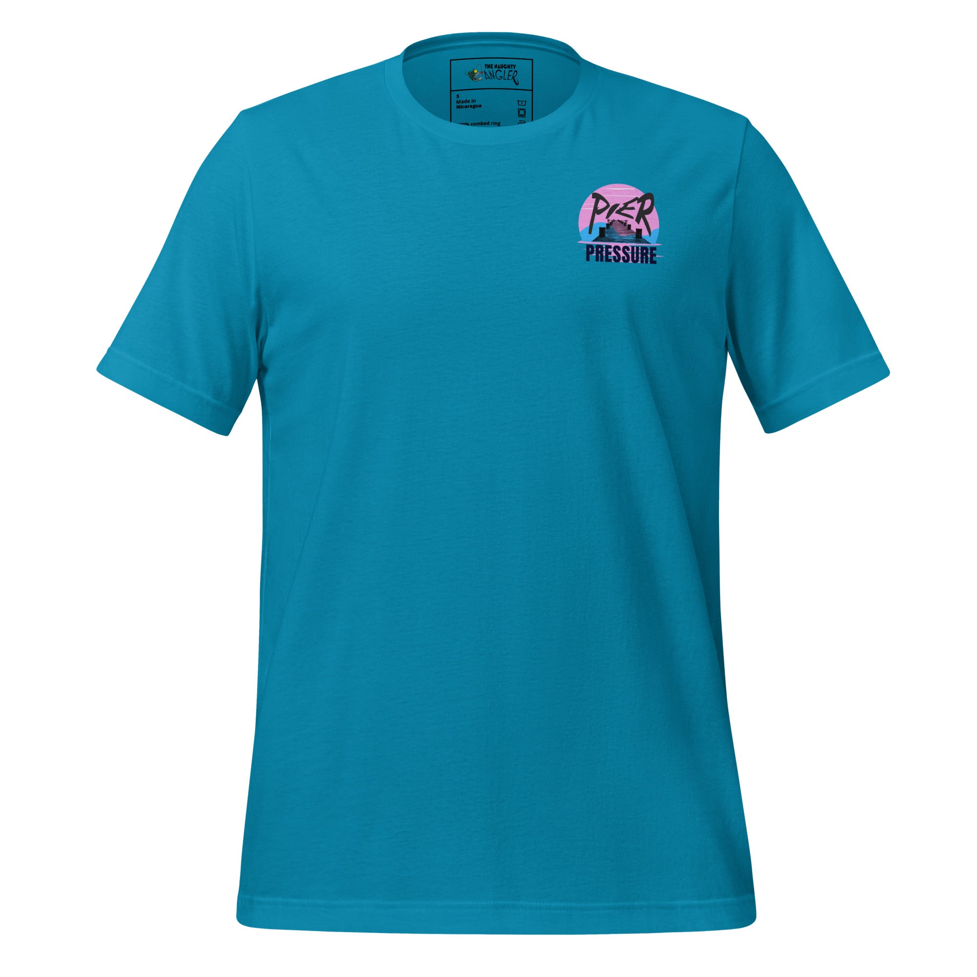 Front view of unisex aqua T-shirt with small chest-right design featuring a blue and pink background scene with a dock silhouette and the saying “Pier Pressure” by The Naughty Angler™