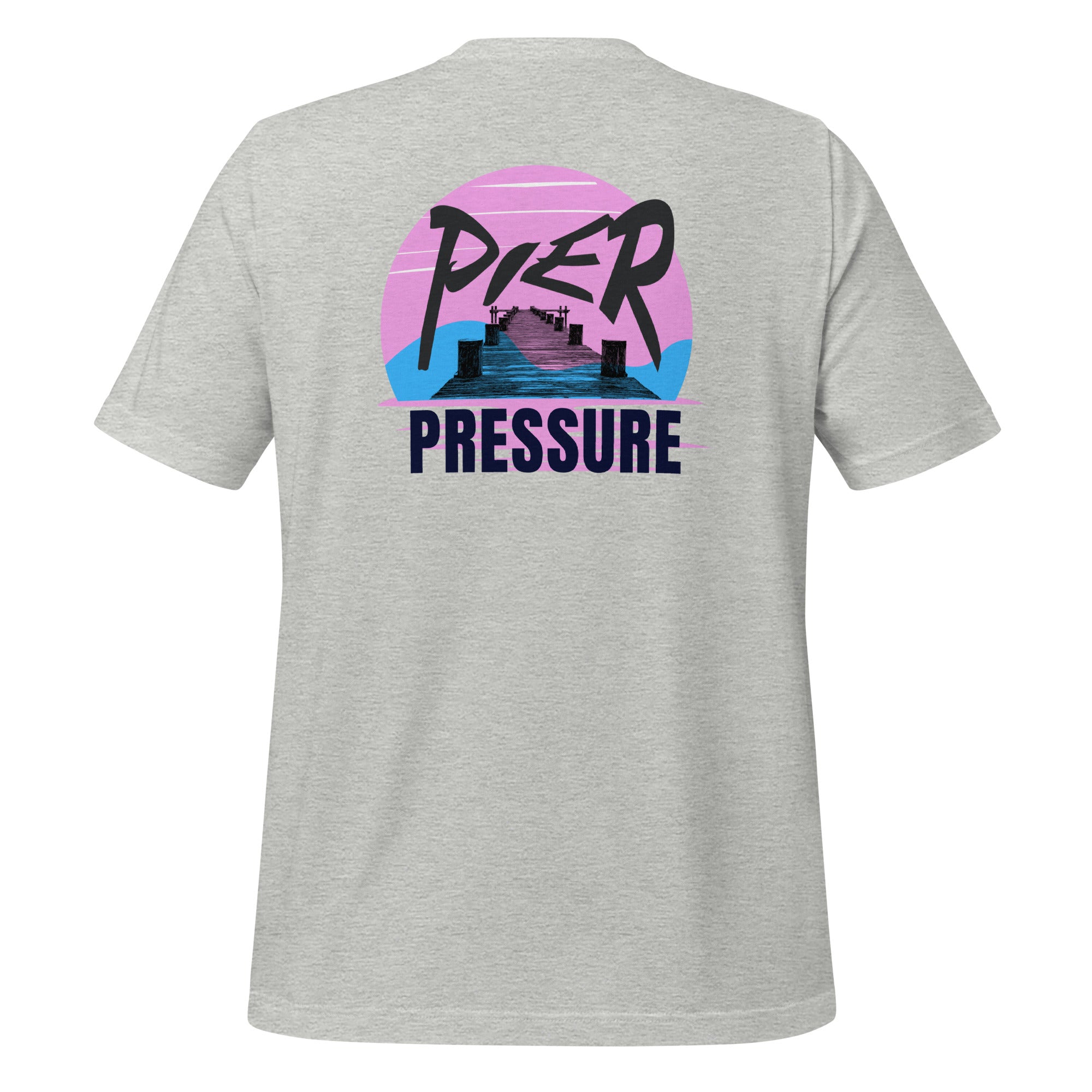 Back view of unisex athletic heather T-shirt with blue and pink background scene featuring a dock silhouette in the center and the saying “Pier Pressure” by The Naughty Angler™