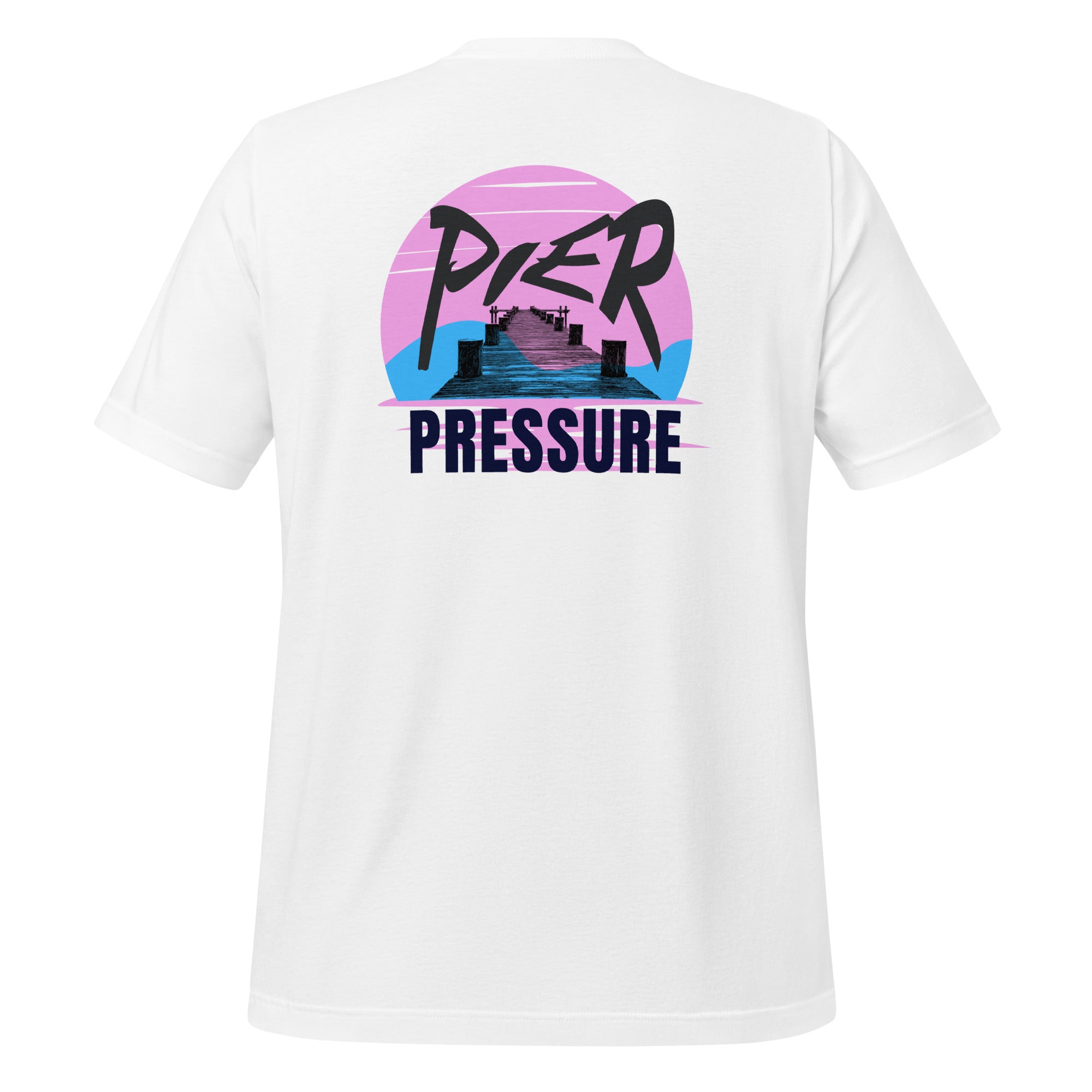 Back view of unisex white T-shirt with blue and pink background scene featuring a dock silhouette in the center and the saying “Pier Pressure” by The Naughty Angler™