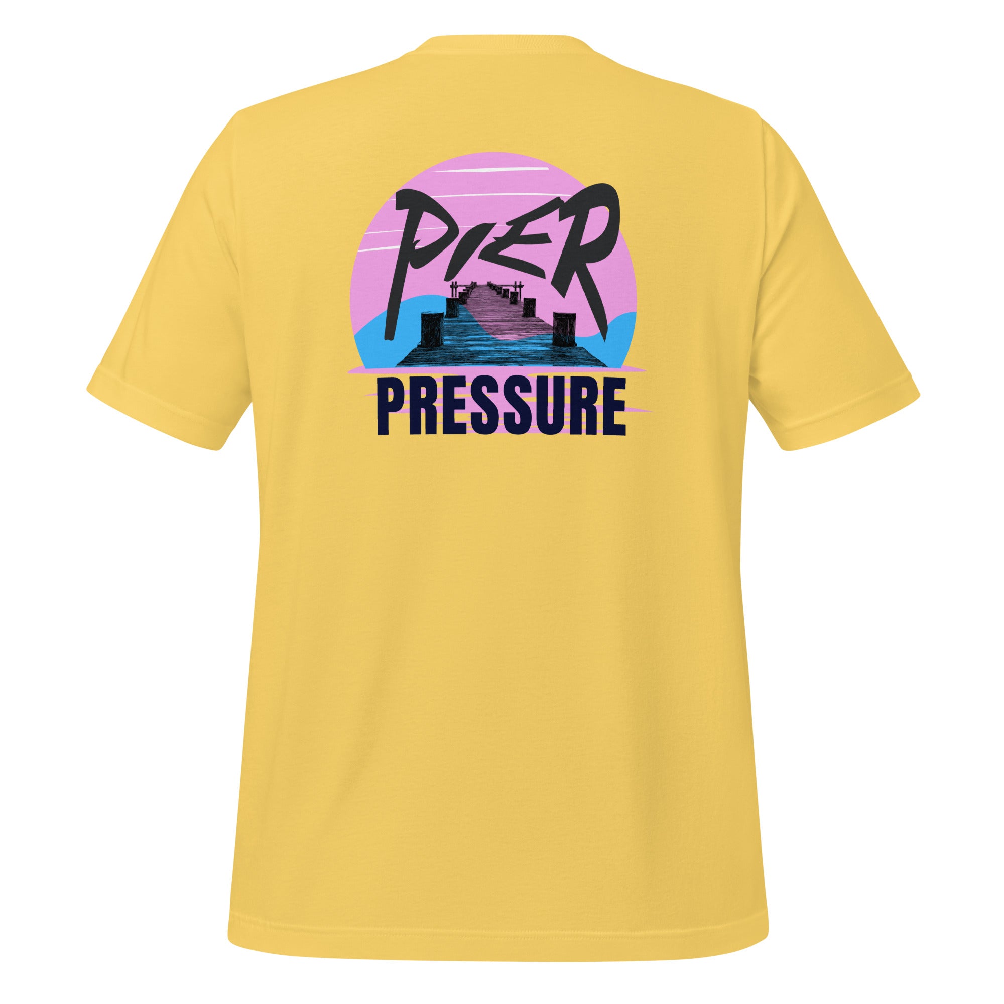 Back view of unisex yellow T-shirt with blue and pink background scene featuring a dock silhouette in the center and the saying “Pier Pressure” by The Naughty Angler™