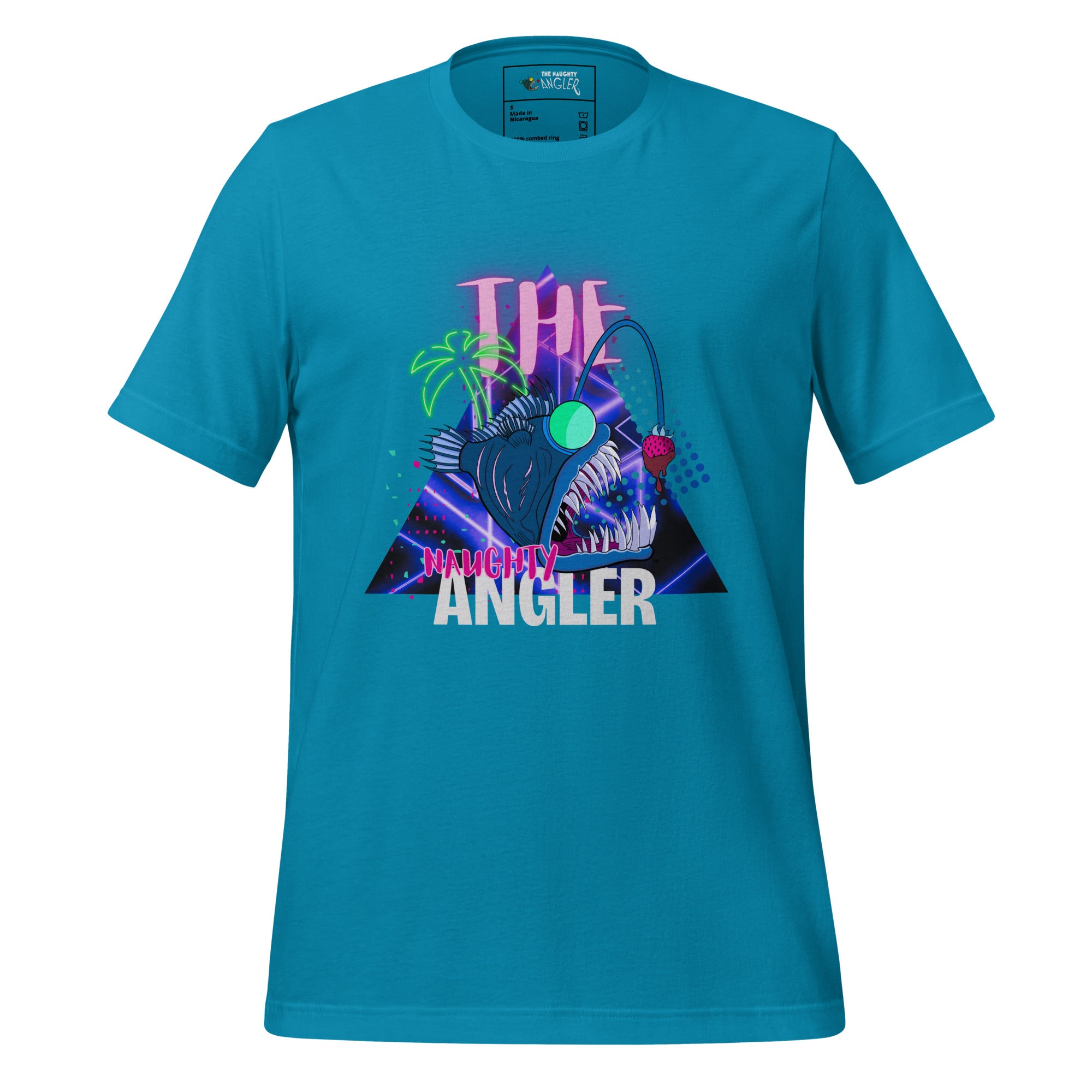 Front view of unisex aqua T-shirt with 1980s-inspired angler logo design by The Naughty Angler™
