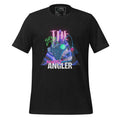 Front view of unisex black heather T-shirt with 1980s-inspired angler logo design by The Naughty Angler™
