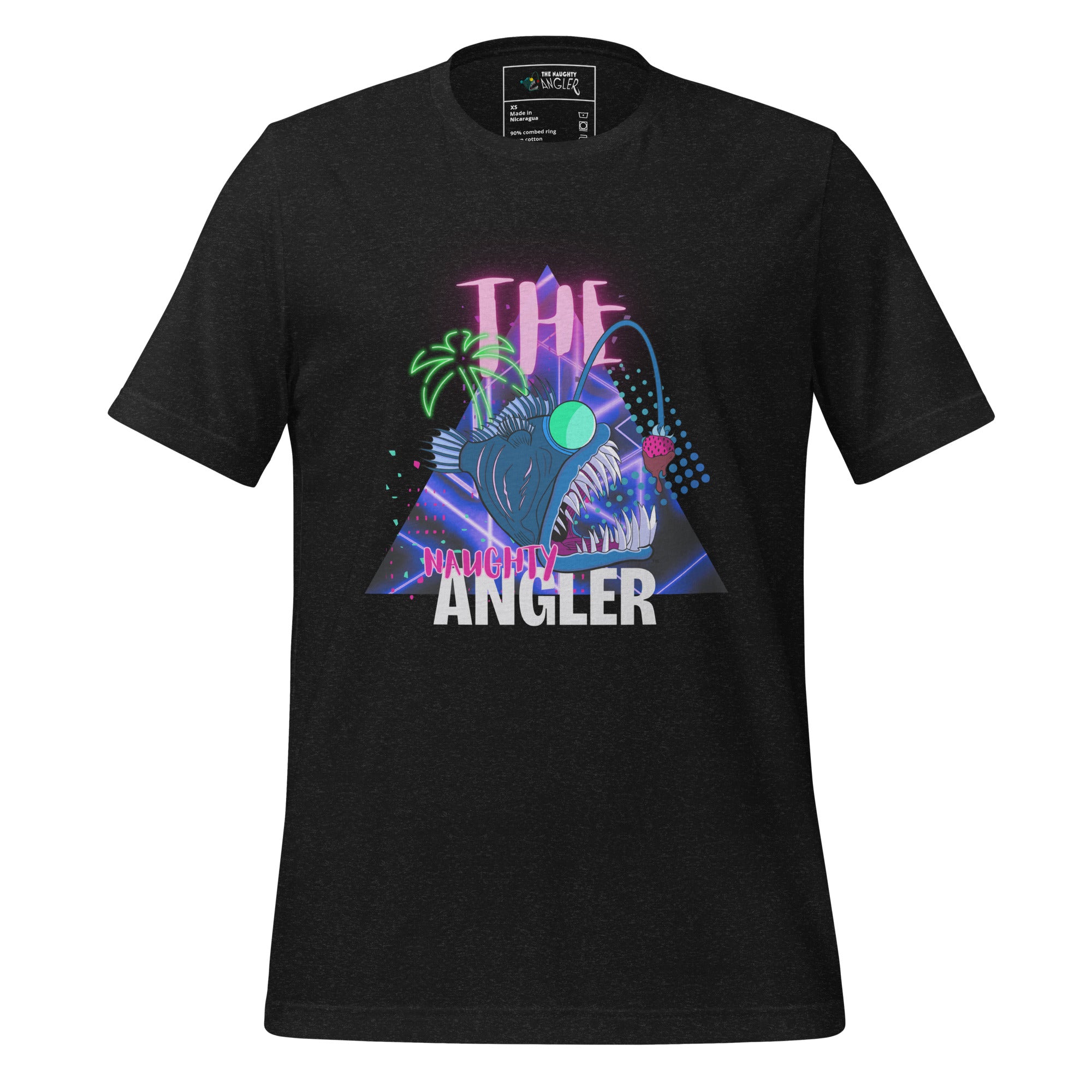 Front view of unisex black heather T-shirt with 1980s-inspired angler logo design by The Naughty Angler™
