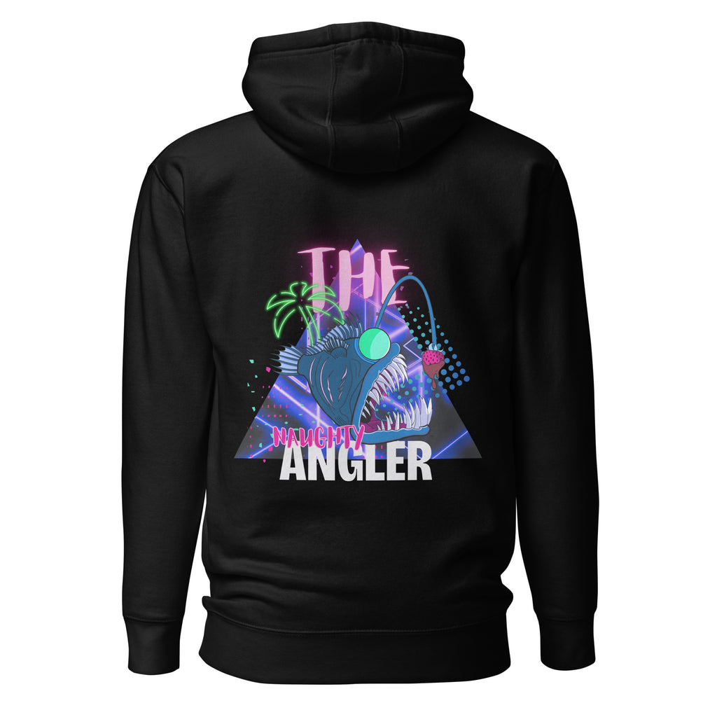 Back view of unisex black hoodie with 1980s-inspired angler logo design by The Naughty Angler™
