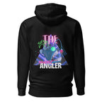 Back view of unisex black hoodie with 1980s-inspired angler logo design by The Naughty Angler™
