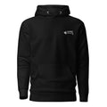 Front view of unisex black hoodie with small embroidered The Naughty Angler™ logo in white right upper chest.
