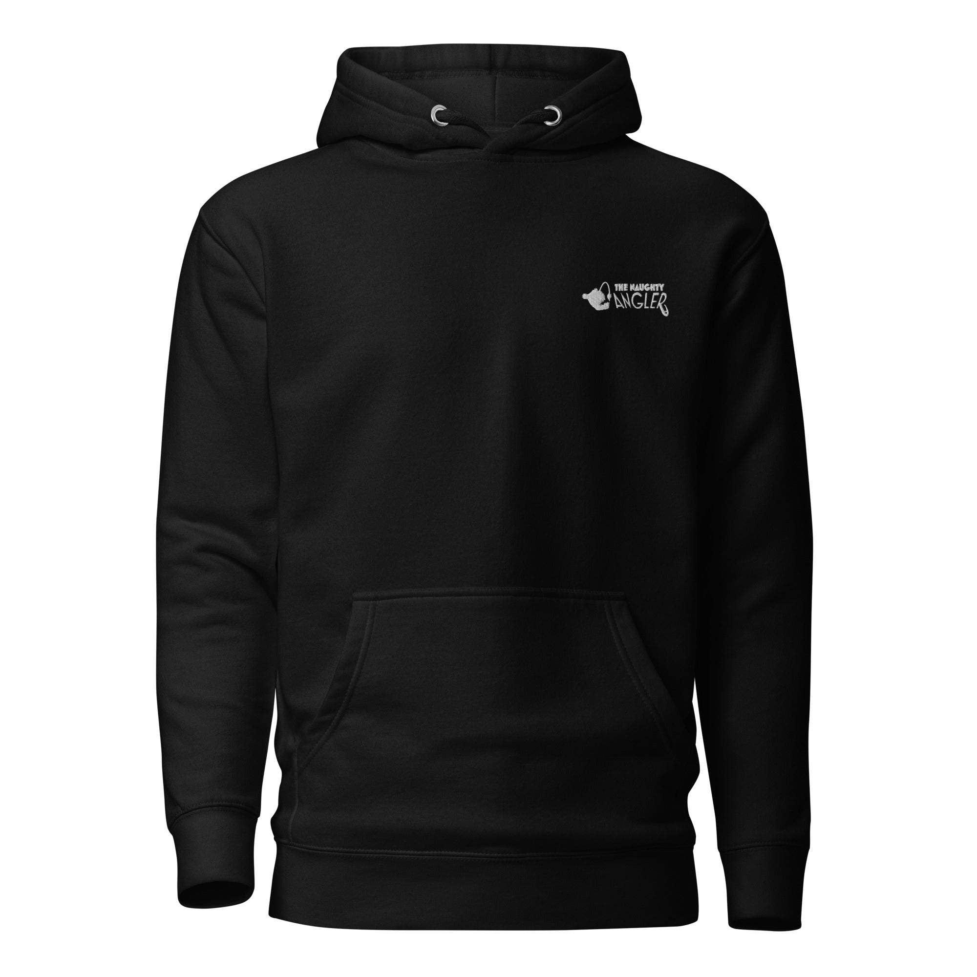 Front view of unisex black hoodie with small embroidered The Naughty Angler™ logo in white right upper chest.
