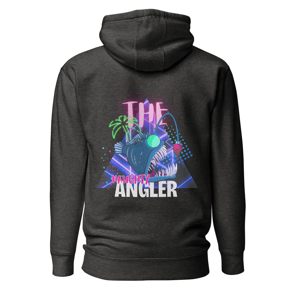 Back view of unisex charcoal heather hoodie with 1980s-inspired angler logo design by The Naughty Angler™
