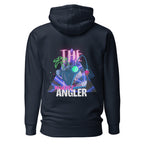 Back view of unisex navy blazer hoodie with 1980s-inspired angler logo design by The Naughty Angler™
