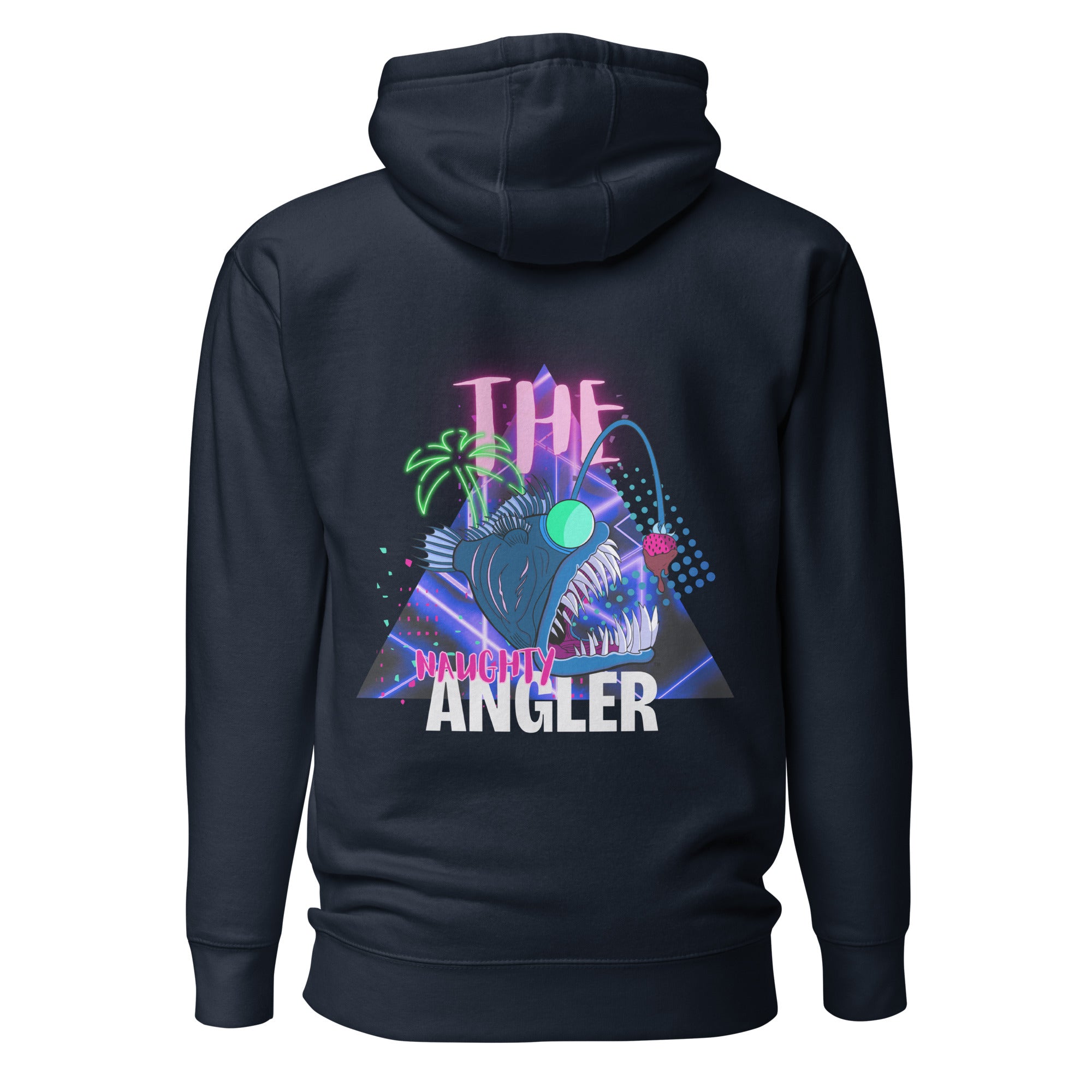 Back view of unisex navy blazer hoodie with 1980s-inspired angler logo design by The Naughty Angler™
