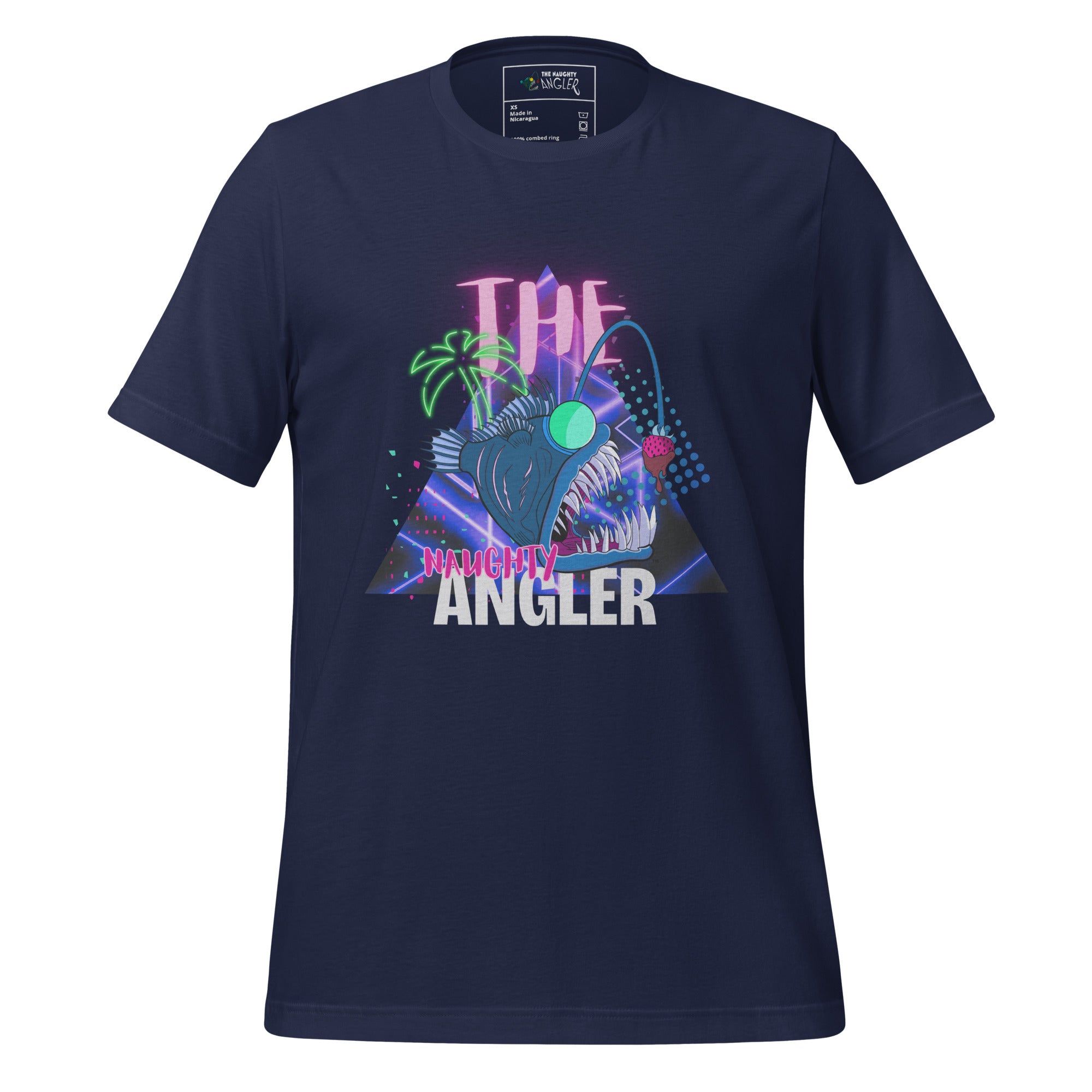 Front view of unisex navy T-shirt with 1980s-inspired angler logo design by The Naughty Angler™
