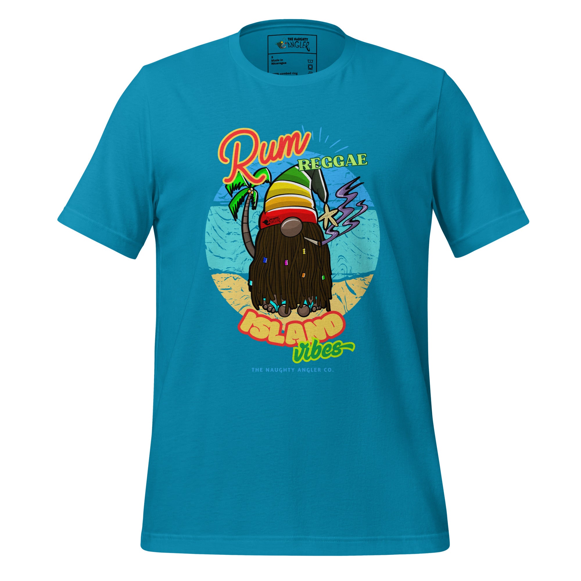 Front view of unisex aqua T-shirt with Caribbean gnome illustration featuring dreadlocks, purple smoke, and island vibe background with the saying “Rum Reggae and Island Vibes” by The Naughty Angler™
