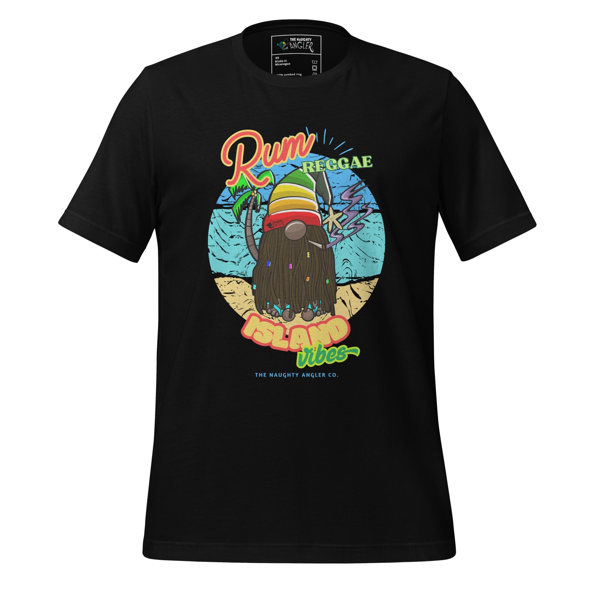Front view of unisex black T-shirt with Caribbean gnome illustration featuring dreadlocks, purple smoke, and island vibe background with the saying “Rum Reggae and Island Vibes” by The Naughty Angler™
