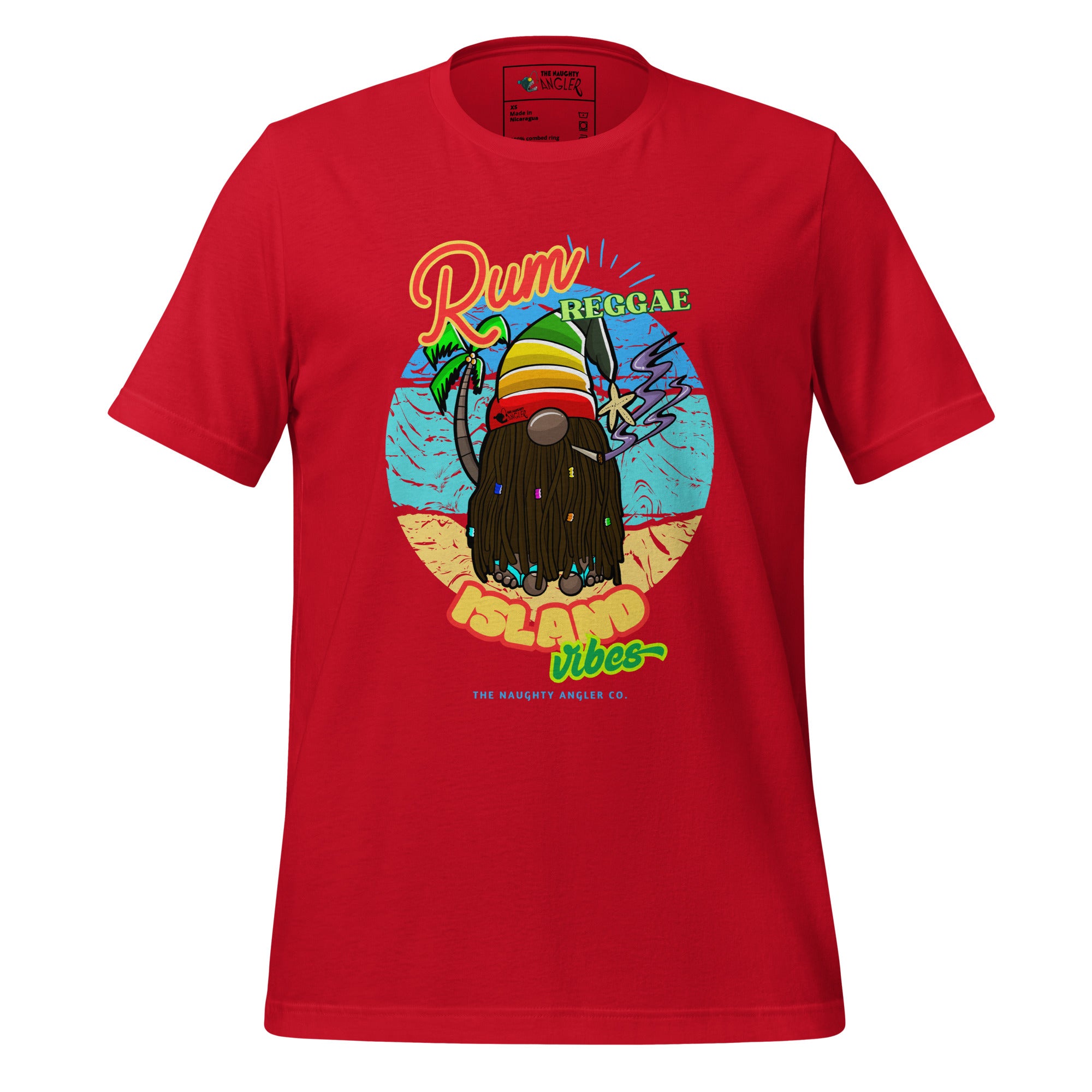 Front view of unisex red T-shirt with Caribbean gnome illustration featuring dreadlocks, purple smoke, and island vibe background with the saying “Rum Reggae and Island Vibes” by The Naughty Angler™
