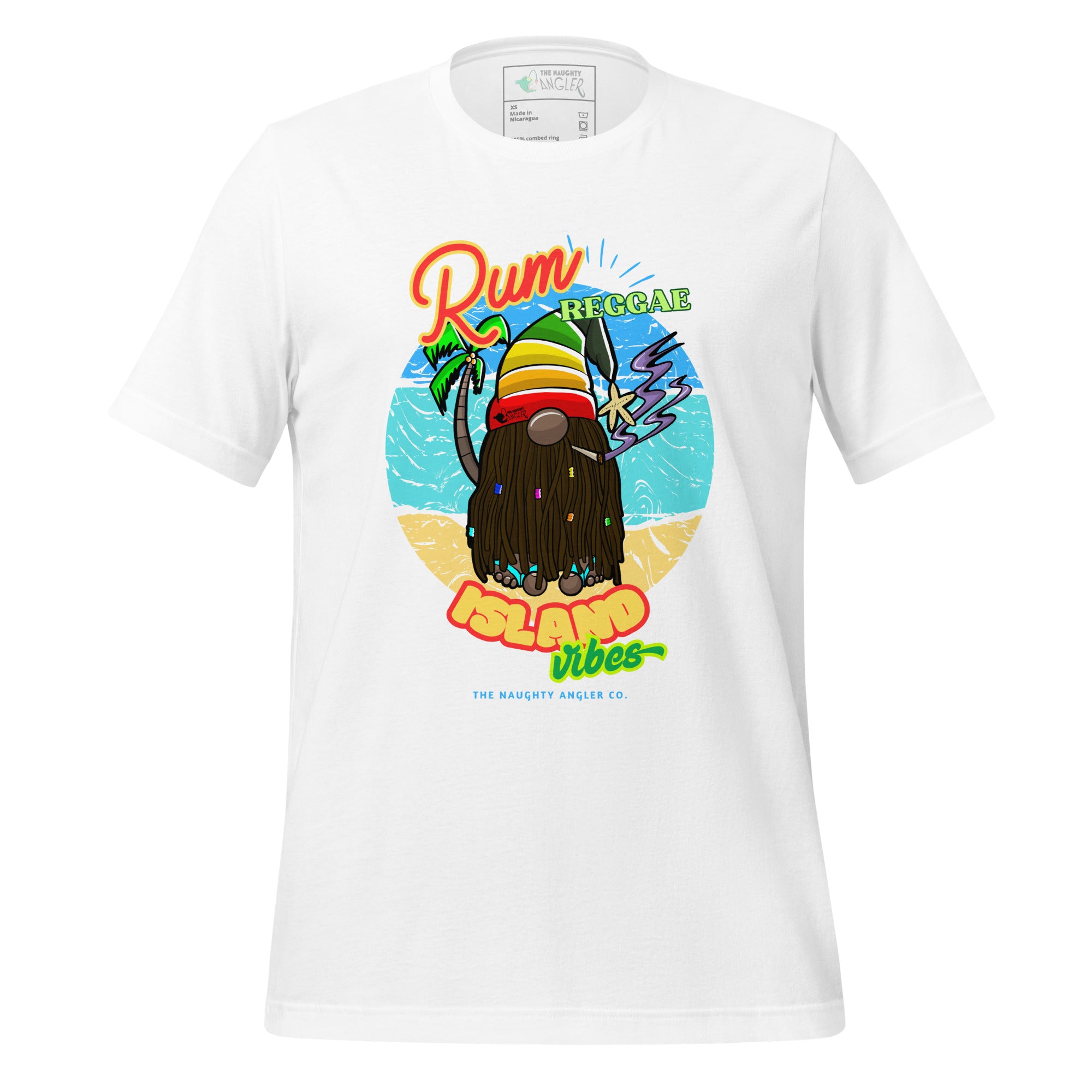 Front view of unisex white T-shirt with Caribbean gnome illustration featuring dreadlocks, purple smoke, and island vibe background with the saying “Rum Reggae and Island Vibes” by The Naughty Angler™
