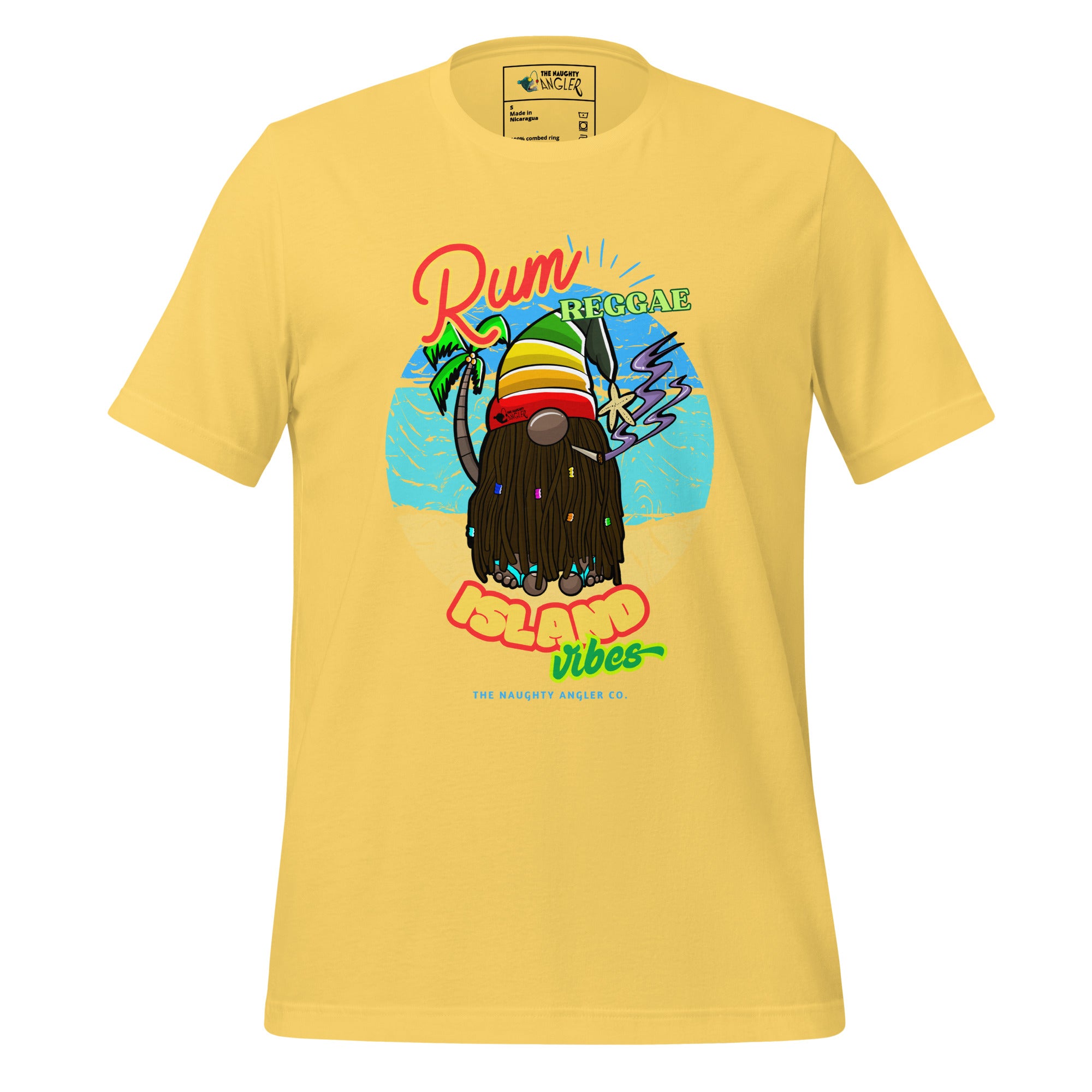 Front view of unisex yellow T-shirt with Caribbean gnome illustration featuring dreadlocks, purple smoke, and island vibe background with the saying “Rum Reggae and Island Vibes” by The Naughty Angler™
