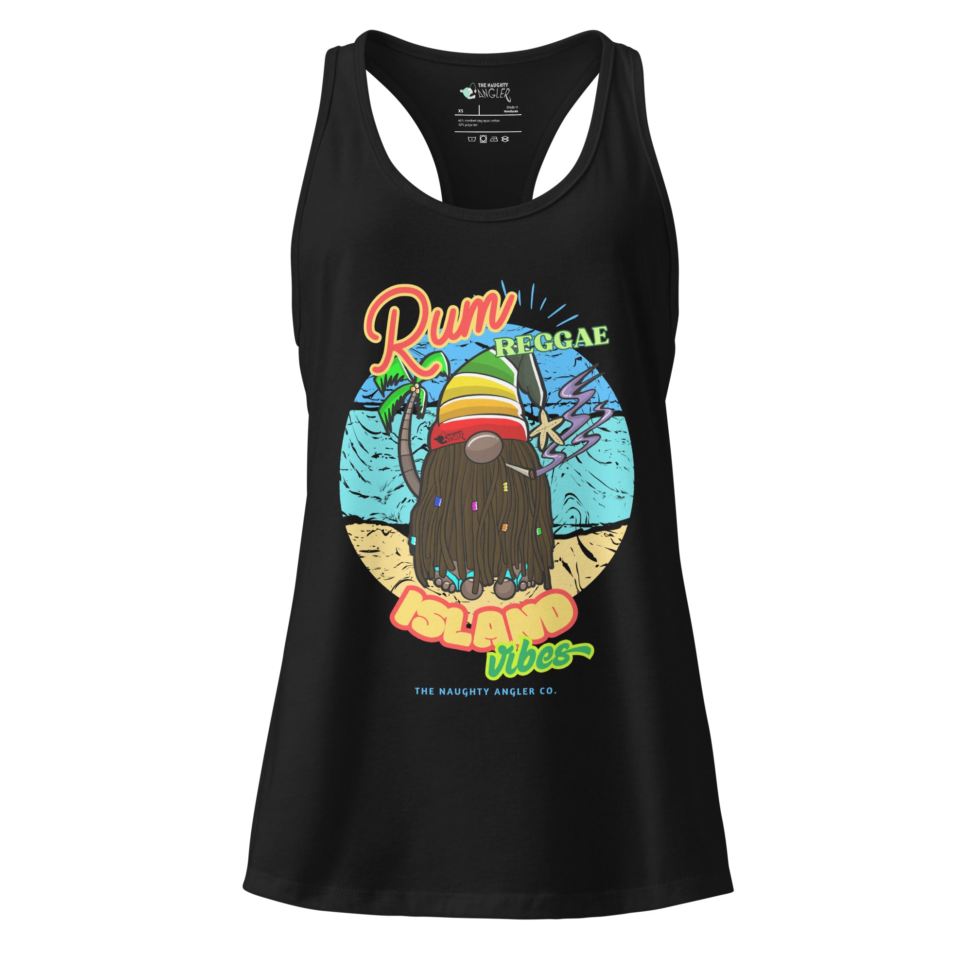 Front view of women’s black fitted racerback tank top with Caribbean gnome illustration, purple smoke, island vibe background, and the saying “Rum, Reggae, and Island Vibes” by The Naughty Angler™

