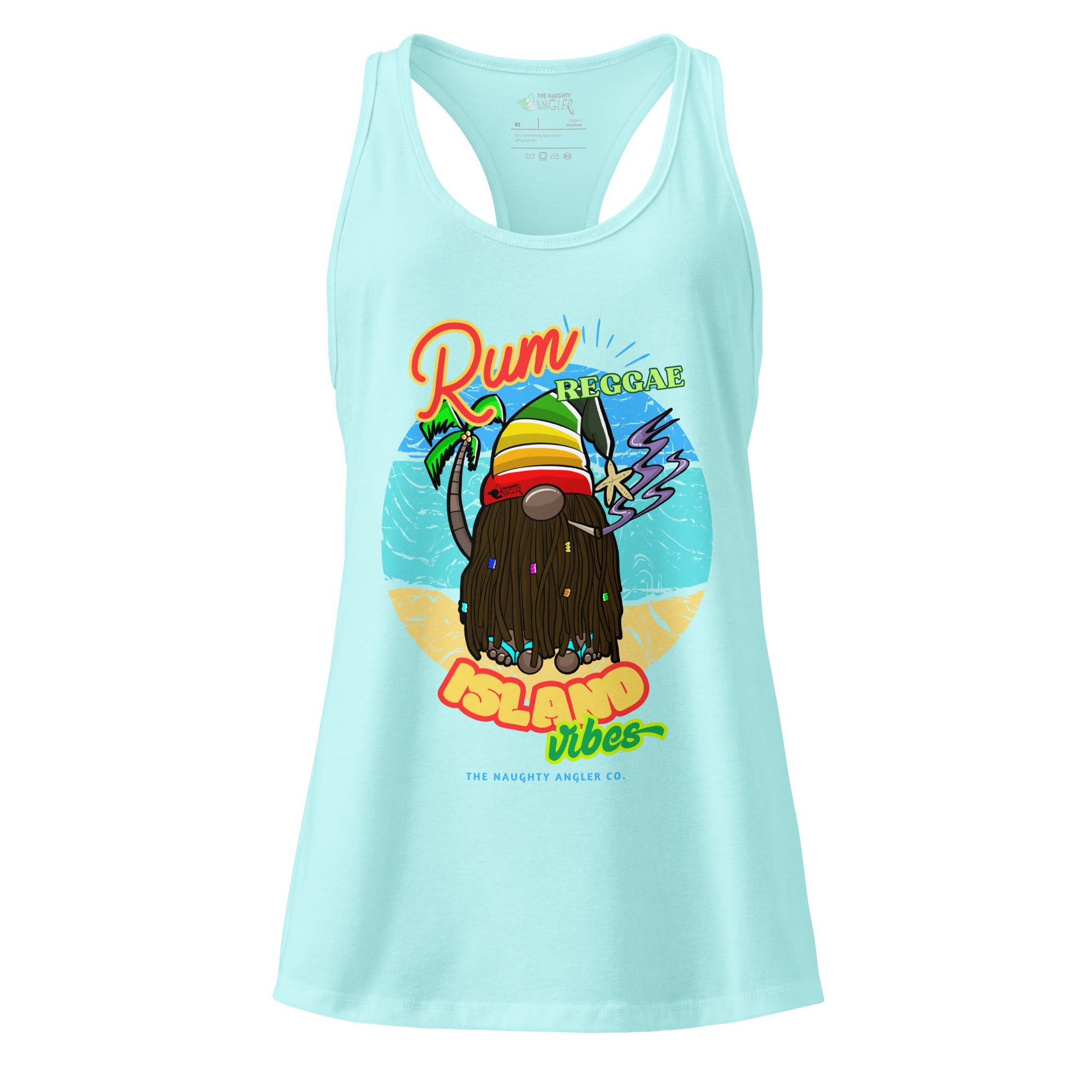 Front view of women’s Cancun fitted racerback tank top with Caribbean gnome illustration, purple smoke, island vibe background, and the saying “Rum, Reggae, and Island Vibes” by The Naughty Angler™
