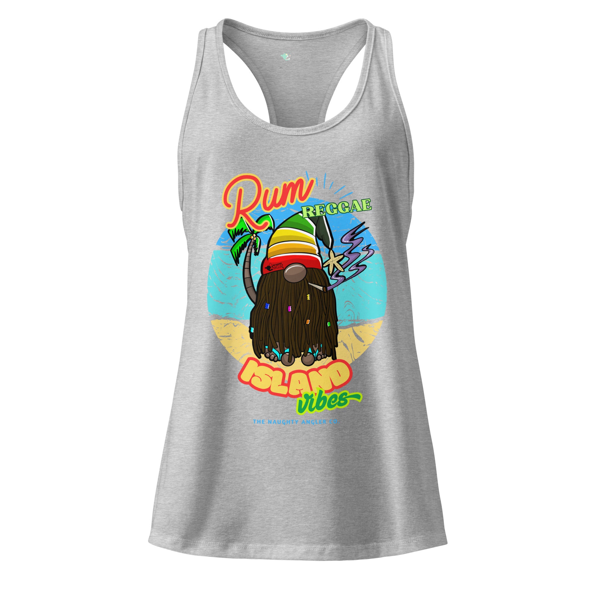 Front view of women’s heather gray fitted racerback tank top with Caribbean gnome illustration, purple smoke, island vibe background, and the saying “Rum, Reggae, and Island Vibes” by The Naughty Angler™
