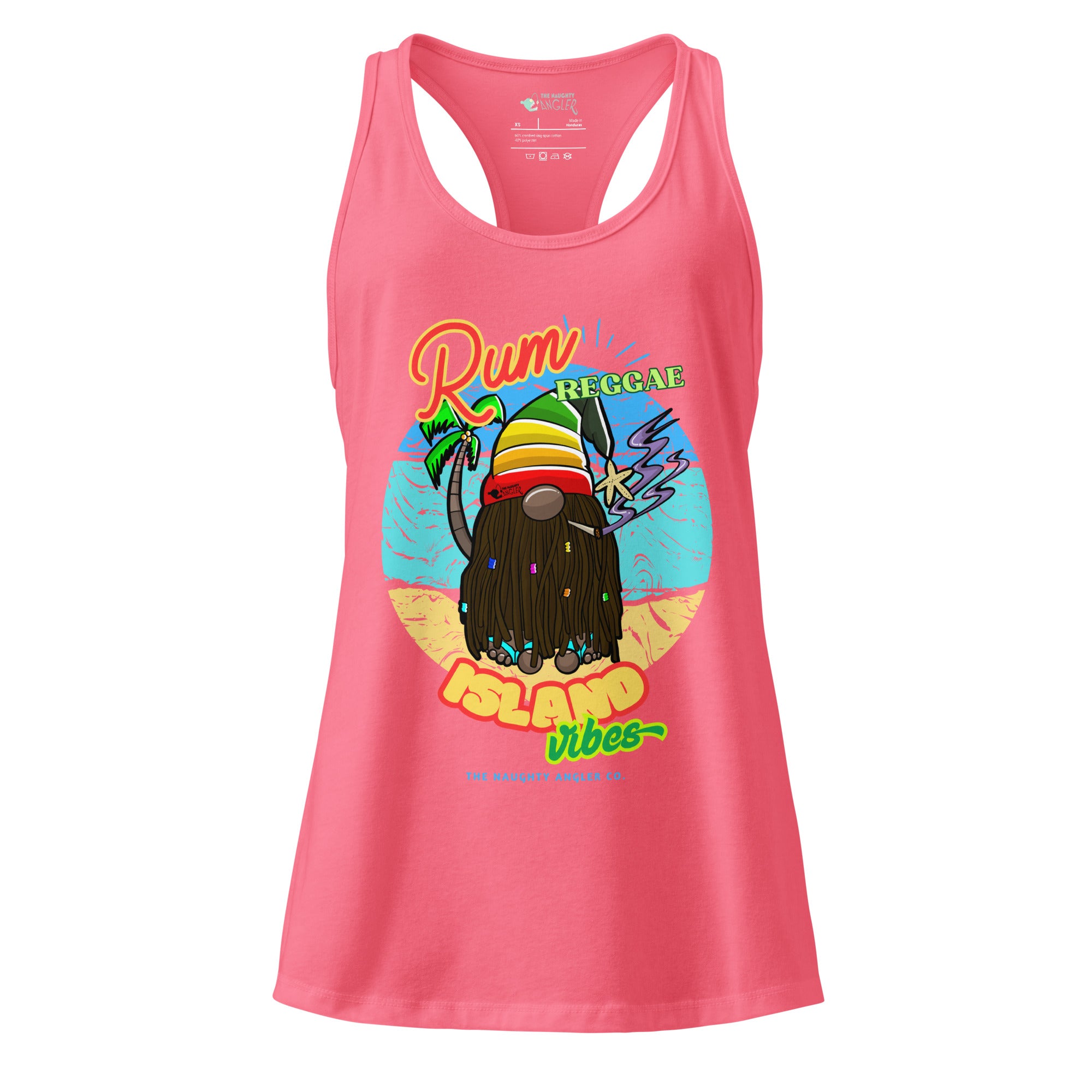 Front view of women’s hot pink fitted racerback tank top with Caribbean gnome illustration, purple smoke, island vibe background, and the saying “Rum, Reggae, and Island Vibes” by The Naughty Angler™
