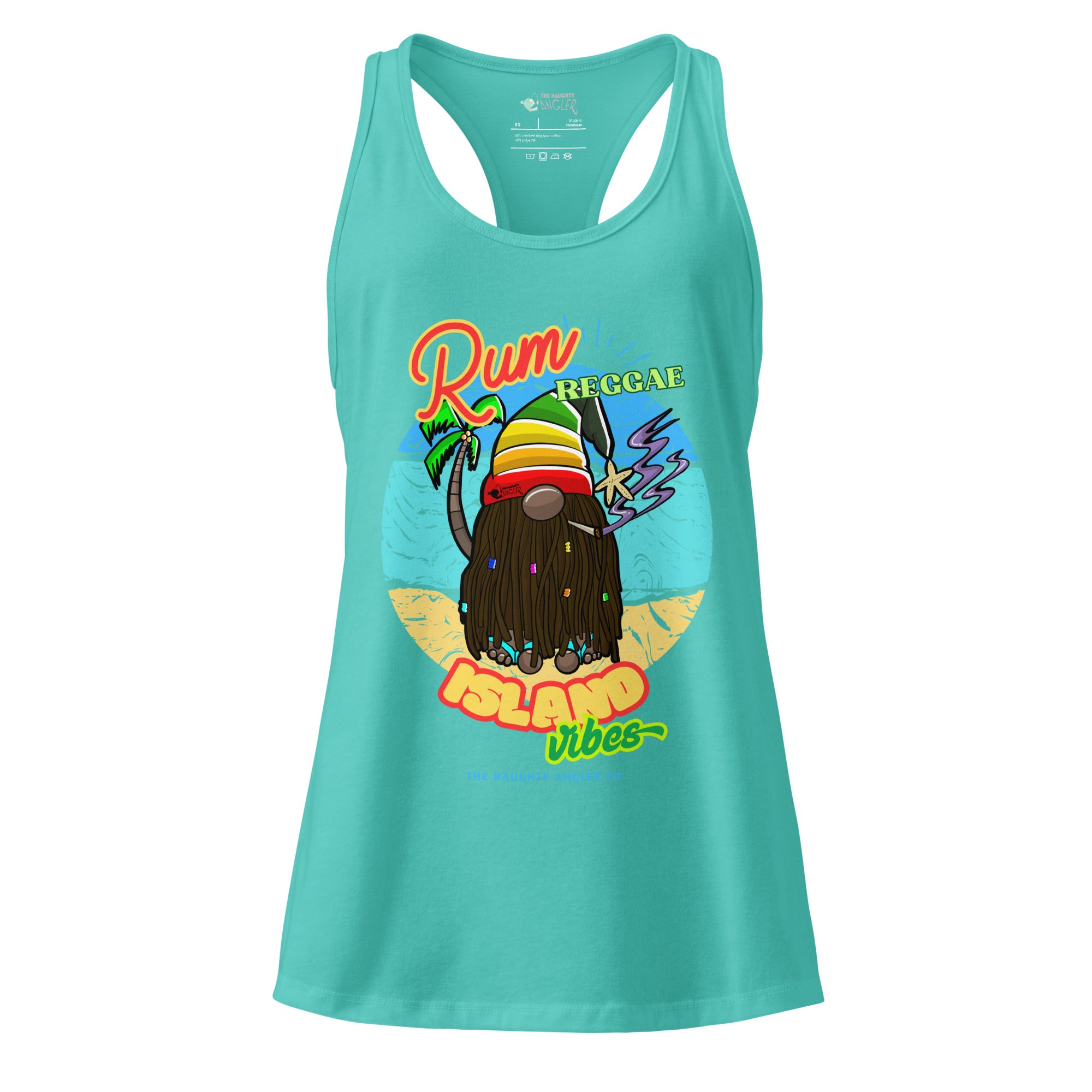Front view of women’s Tahiti blue fitted racerback tank top with Caribbean gnome illustration, purple smoke, island vibe background, and the saying “Rum, Reggae, and Island Vibes” by The Naughty Angler™
