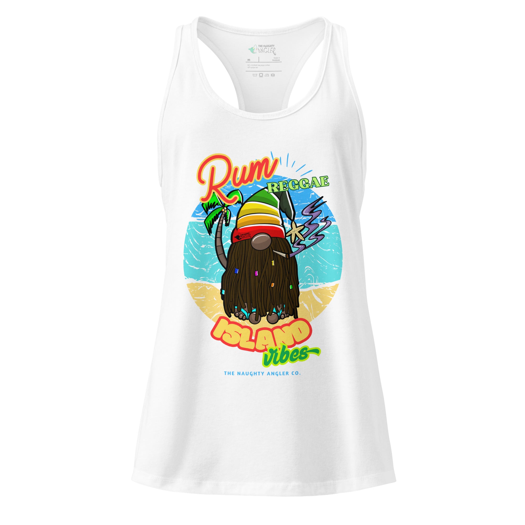 Front view of women’s white fitted racerback tank top with Caribbean gnome illustration, purple smoke, island vibe background, and the saying “Rum, Reggae, and Island Vibes” by The Naughty Angler™
